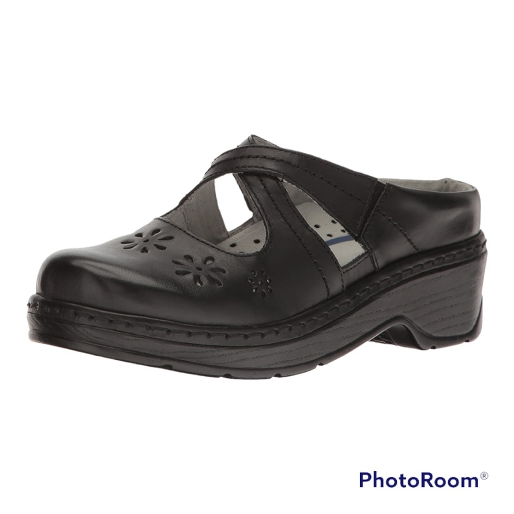 KLOGS Footware - "Carolina" Black Leather Floral Cut Out Mary-Jane Mules - 9W